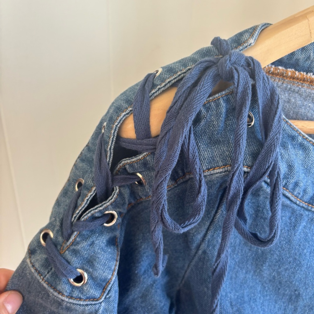Anthropologie Maeve Denim Mini Shift Dress Country Lace Up Shoulders Women’s S - Picture 3 of 10